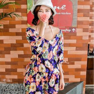 Set: Floral Print Bikini + Cover-up Top + Cover-up Shorts