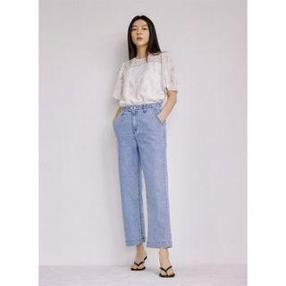 Washed Striaght-cut Jeans Light Blue - M
