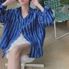 Long-sleeve Polo-collar Striped Shirt Dark Blue - Shirt - One Size