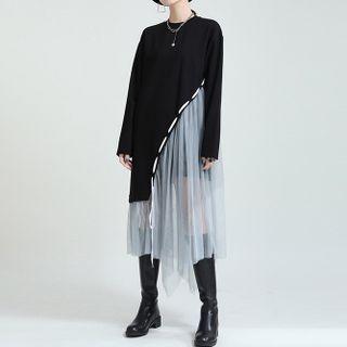 Long-sleeve Mesh Panel Midi Dress Black - One Size