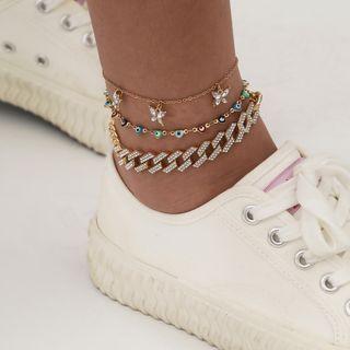 Set Of 3: Rhinestone Anklet 1028 - Gold - One Size