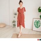 Round Buckled V-neck Chiffon Dress