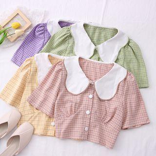 Peter Pan-collar Checker Crop Blouse