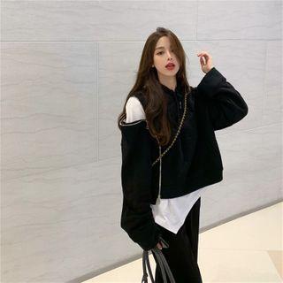 Plain Long-sleeve Top / Off Shoulder Hooded Sweatshirt