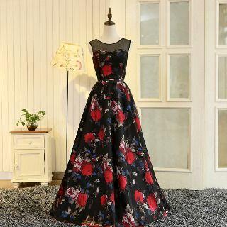 Printed Mesh-panel Evening Gown