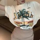 Short-sleeve Palm Tree Print T-shirt / Shirred Pencil Skirt