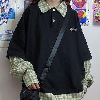 Long-sleeve Mock Two-piece Plaid Polo Shirt