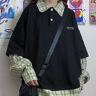 Long-sleeve Mock Two-piece Plaid Polo Shirt