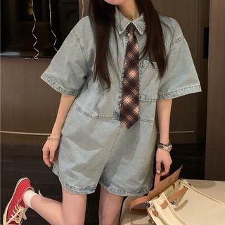 Short-sleeve Denim Loose Fit Romper