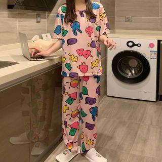 Short-sleeve Print Loungewear Set Pink - One Size