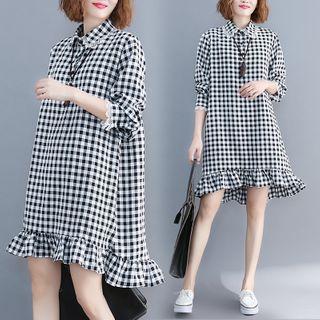Lace Trim Collar Long-sleeve Gingham A-line Dress Gingham - Black & White - One Size