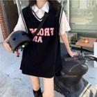 Short-sleeve Mock Two-piece Collar Lettering T-shirt