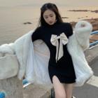 Long-sleeve Turtleneck Bow Knit Mini Bodycon Dress Black - One Size