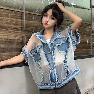 Denim Panel Sheer Vest As Shown In Figure - One Size
