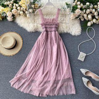 Sleeveless Embroidered Midi A-line Mesh Dress
