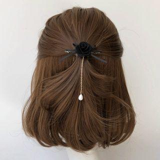 Faux Pearl Flower Bow Hair Clip Black - One Size