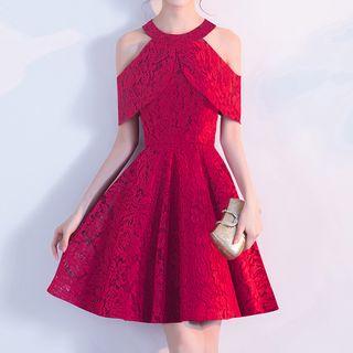 Halter Cutout Shoulder Short Sleeve Lace Cocktail Dress