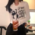 Long-sleeve Graphic Print Knit Top White - One Size