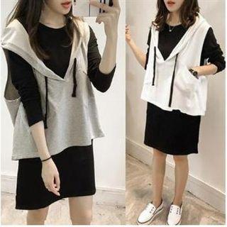 Set: Long-sleeve Mini T-shirt Dress + Sleeveless Hoodie