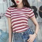 Set: Striped Short-sleeve T-shirt + Side Lace-up Denim Shorts