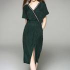 Pinstriped Short-sleeve Midi Sheath Dress