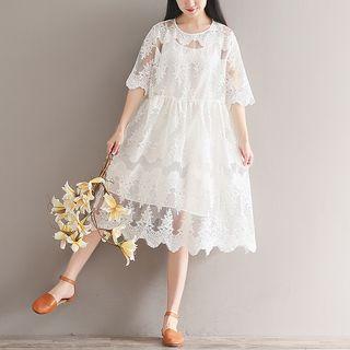 Set: Embroidered Mesh Elbow-sleeve Dress + Spaghetti Strap Dress