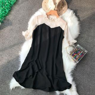 Chiffon-panel Ruffle-collar Bell-sleeve Dress