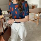 Orange Print Short-sleeve Cropped Knit Top Blue - One Size