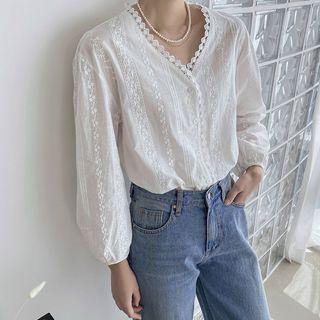 V-neck Eyelet-lace Blouse White - One Size