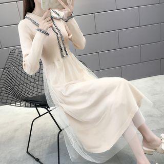 Mesh Long-sleeve Midi Knit Polo Dress