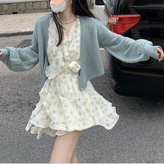 Puff-sleeve Floral Ruffle Mini A-line Dress