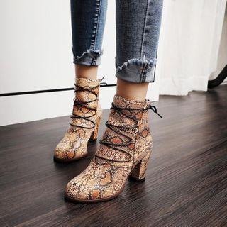 Faux Snake Skin Lace-up Block-heel Short Boots