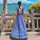Short-sleeve Floral Print A-line Midi Fishtail Dress