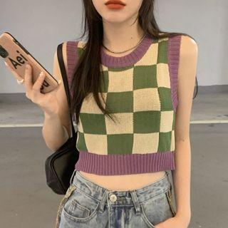 Plaid Cropped Vest Tank Top Purple - One Size