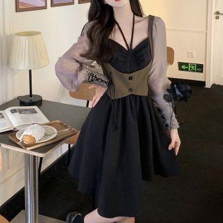 Long-sleeve Irregular A-line Dress / Button Vest