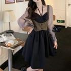 Long-sleeve Irregular A-line Dress / Button Vest