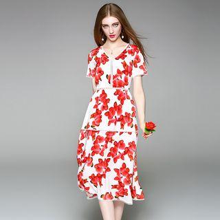 Crochet Trim Floral A-line Midi Dress