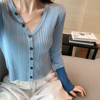Two-tone V-neck Knit Cardigan