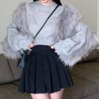 Faux Fur Panel Sweater / Mini Pleated Skirt