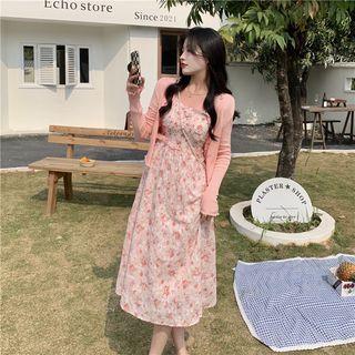 Floral Ruffle Dress / Plain Cardigan