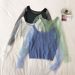 Mesh Panel Sleeve Round Neck Lightweight Knit Top