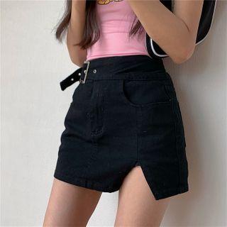 Belted Slit Mini Pencil Skirt