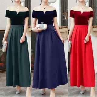 Short-sleeve Two-tone Maxi Evening Dress