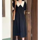 Short-sleeve Contrast Trim Midi Dress Black - One Size
