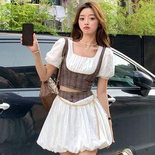 Mock Two-piece Puff-sleeve Square Neck Plaid Panel Cropped Blouse / Mini A-line Skirt