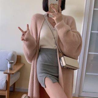 Open-front Midi Cardigan / Knit Top / Slit Mini Pencil Skirt