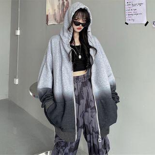 Fleece-lined Gradient Hooded Zip Jacket