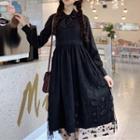 Long-sleeve A-line Lace Panel Dress Black - One Size