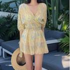 Set: Plain Bikini Top + Ruched High Waist Bottom + Short Sleeve Cover-up
