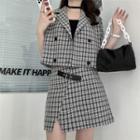 Double Breast Check Cropped Blazer / Slit A-line Skirt
